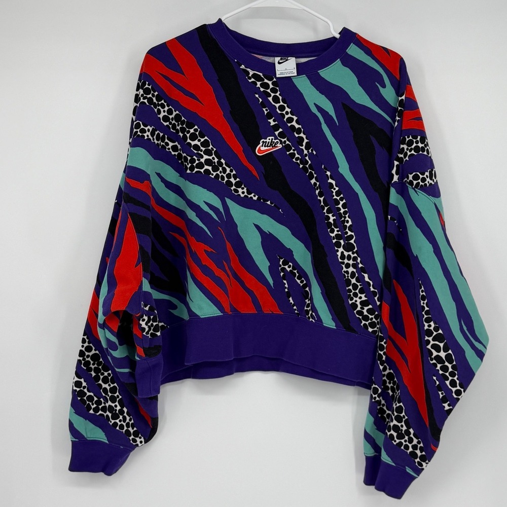 Nike Womens L Retro Animal Print Oversized Cropped Fleece Sweatshirt Purple